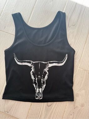 Black Ribbed Tank Top with Bull Skull Graphic